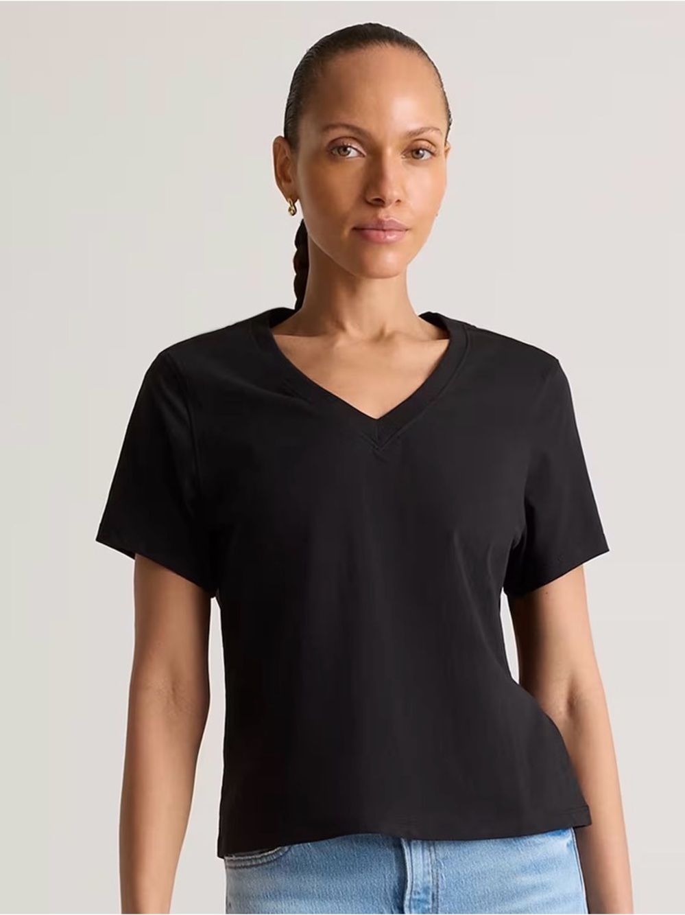 Quince Boxy Black V-neck Tee Shirt 100% Organic Cotton Size Small NWT Stretch
